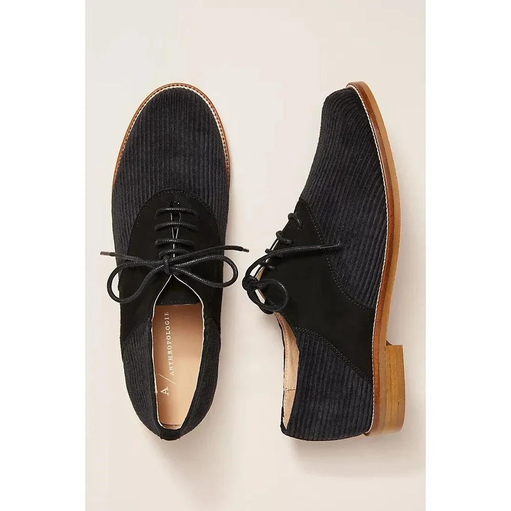 Anthropologie Corduroy Oxford Loafers Women's EU 37 6.5  Black Lace-Up Shoes NEW